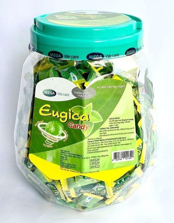 Kẹo thảo dược Eugica hũ 400 viên - Dịu ho, giảm đau rát họng và khản tiếng.