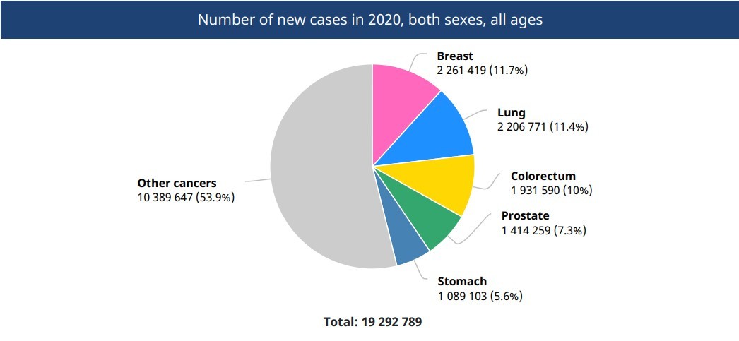 Thống kê số lượng ung thư mới phát hiện ở cả hai giới trong tất cả các độ tuổi của Globocan 2020