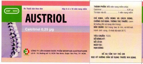 Thuốc Austriol Mebiphar được đóng gói thành hộp 3 vỉ, 6 vỉ hay 10 vỉ