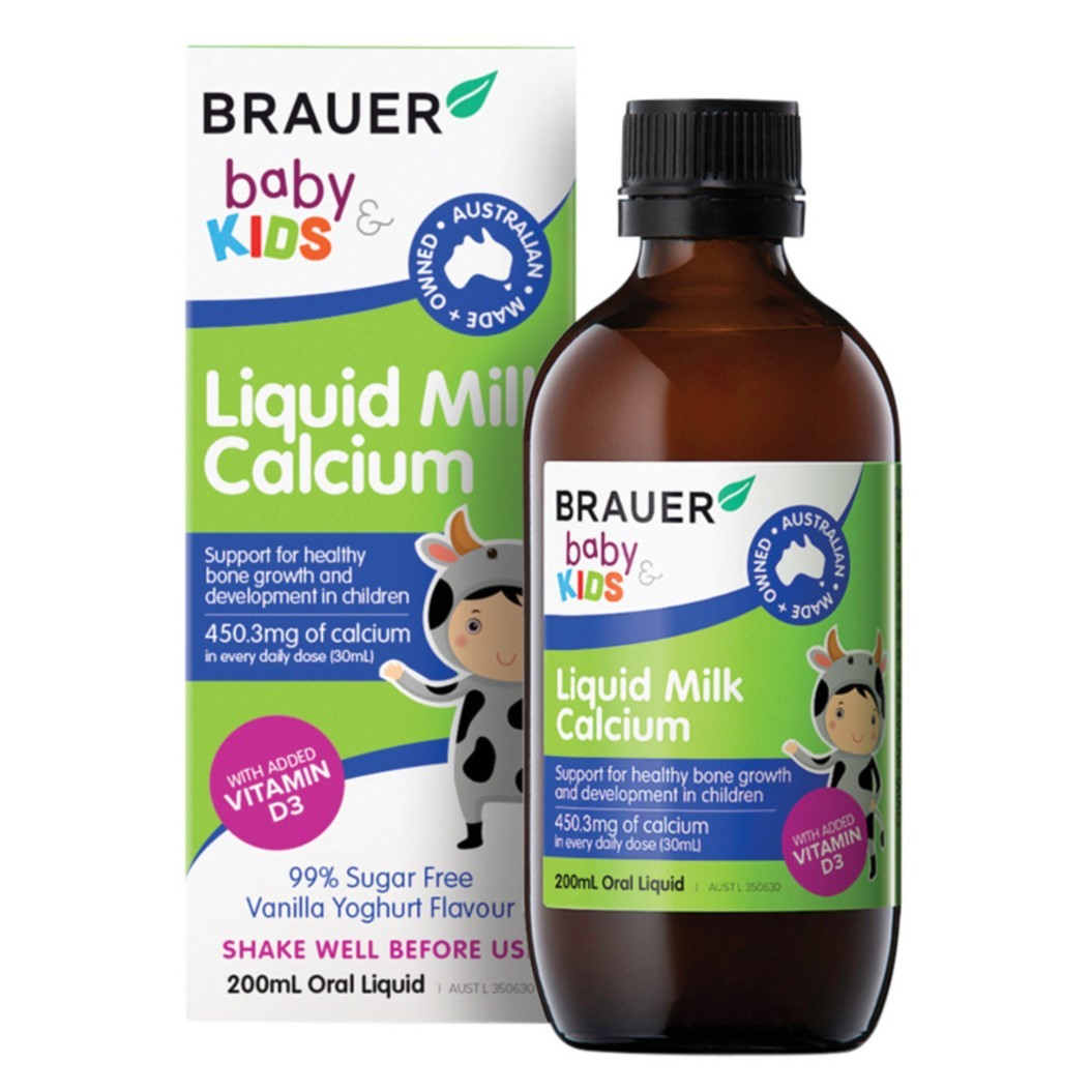 Siro bổ sung canxi Brauer Liquid Milk Calcium giúp bổ sung canxi cho bé trên 7 tháng tuổi