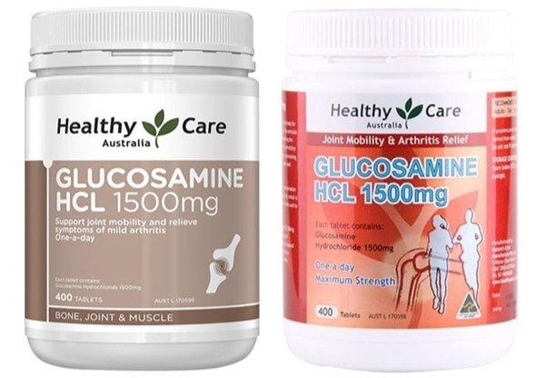 Viên uống Glucosamine Healthy Care phiên bản mới (bên trái) và cũ (bên phải)