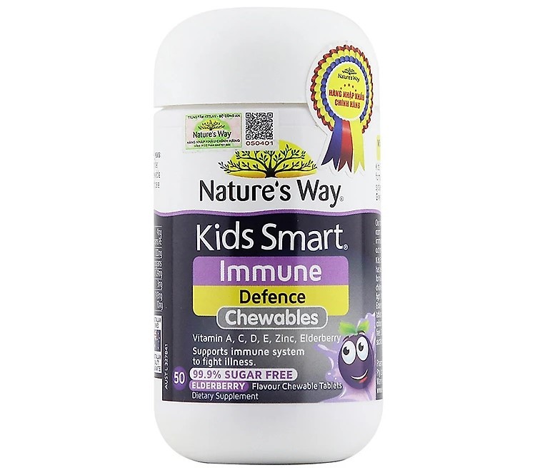 Nature's Way Kids Smart Immune Defence Chewables được đóng gói dạng 50 viên nhai/hộp