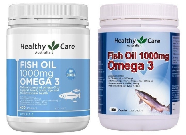Fish Oil Omega 3 Healthy Care mẫu cũ (phải) và mẫu mới (trái)