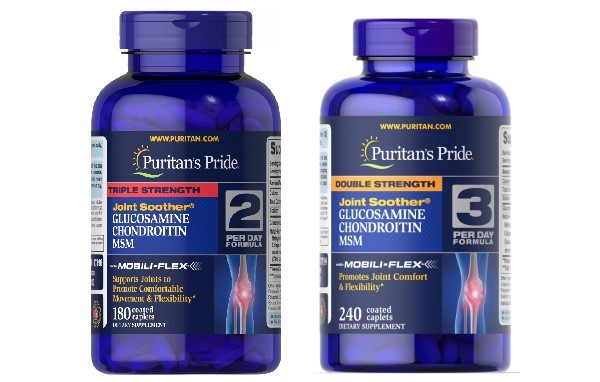 Puritan's Pride Glucosamine Chondroitin MSM gồm 2 loại: Double Strength (phải) và Triple Strength (trái)